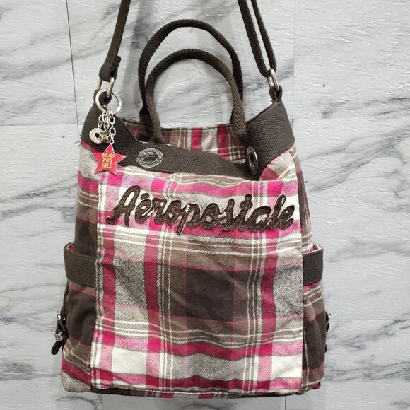Aeropostale Tote Handbag with Wristlet Brown Pink Plaid Canvas Double Handles - Picture 3 of 15